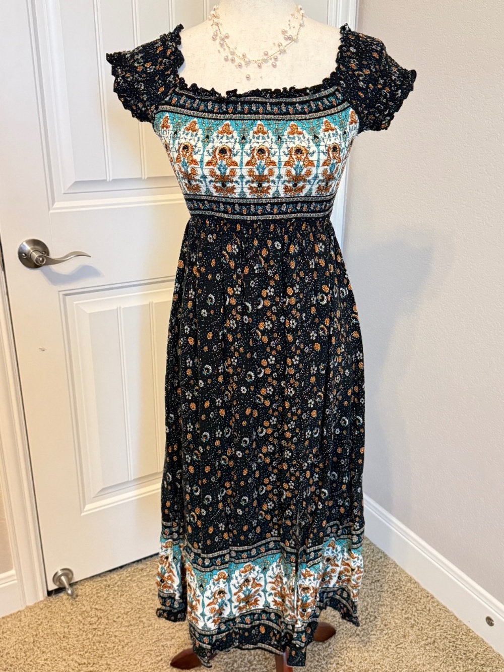 Smocked Bodice Boho Dress Size Small